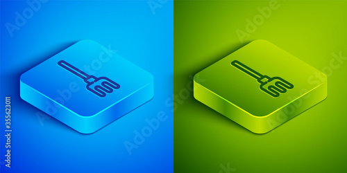 Isometric line Garden rake icon isolated on blue and green background. Tool for horticulture, agriculture, farming. Ground cultivator. Square button. Vector Illustration.