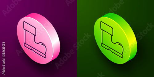 Isometric line Waterproof rubber boot icon isolated on purple and green background. Gumboots for rainy weather, fishing, gardening. Circle button. Vector Illustration.