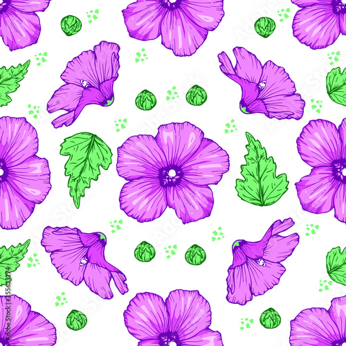 Seamless pattern with hand drawn pink flowers and leaves  vector illustration