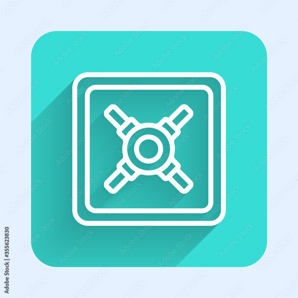 White line Safe icon isolated with long shadow. The door safe a bank vault with a combination lock. Reliable Data Protection. Green square button. Vector Illustration. White line Safe icon isolated with long shadow. The door safe a bank vault with a combination lock. Reliable Data Protection. Green square button. Vector Illustration.