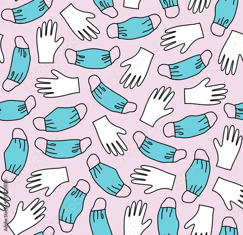 Masks and gloves, virus, protection, seamless pattern, color, lilac. White gloves and blue masks on a lilac background. Flat color images. Vector.  