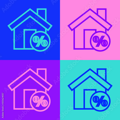 Pop art line House with percant discount tag icon isolated on color background. House percentage sign price. Real estate home. Vector Illustration. © Kostiantyn