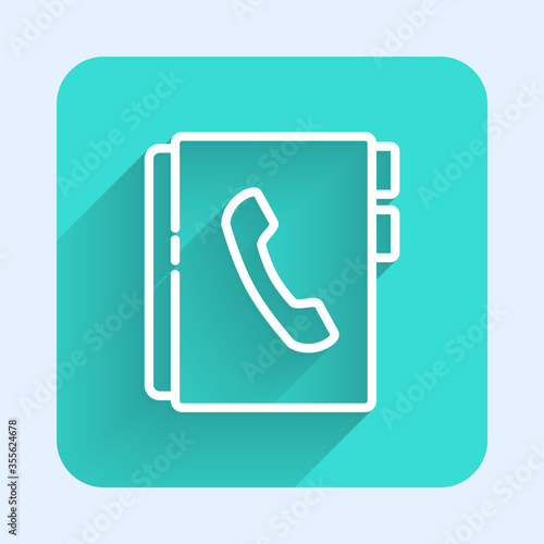 White line Address book icon isolated with long shadow. Notebook, address, contact, directory, phone, telephone book icon. Green square button. Vector Illustration.