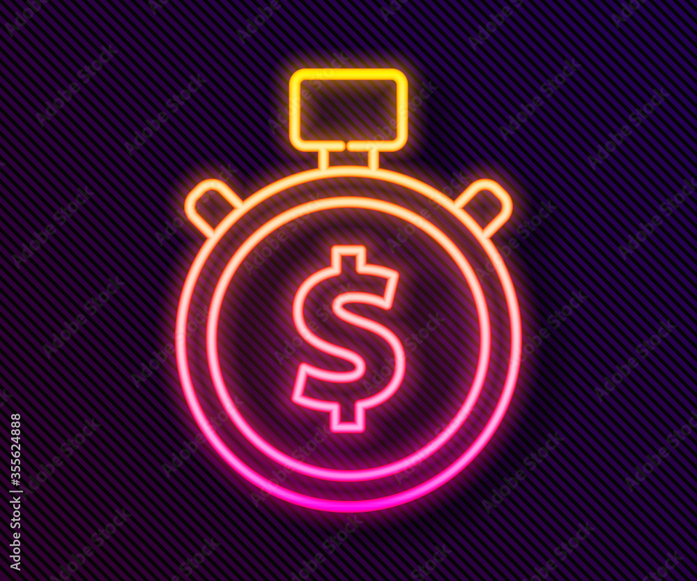 Glowing neon line Time is money icon isolated on black background. Money is time. Effective time management. Convert time to money. Stopwatch. Vector Illustration. Glowing neon line Time is money icon isolated on black background. Money is time. Effective time management. Convert time to money. Stopwatch. Vector Illustration.