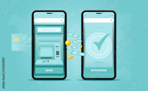 Phone with a mobile interface of the online payment, ATM, money transfers, financial transactions and digital financial services. mobile banking. falling Money on the Mobile ATM. vector illustration