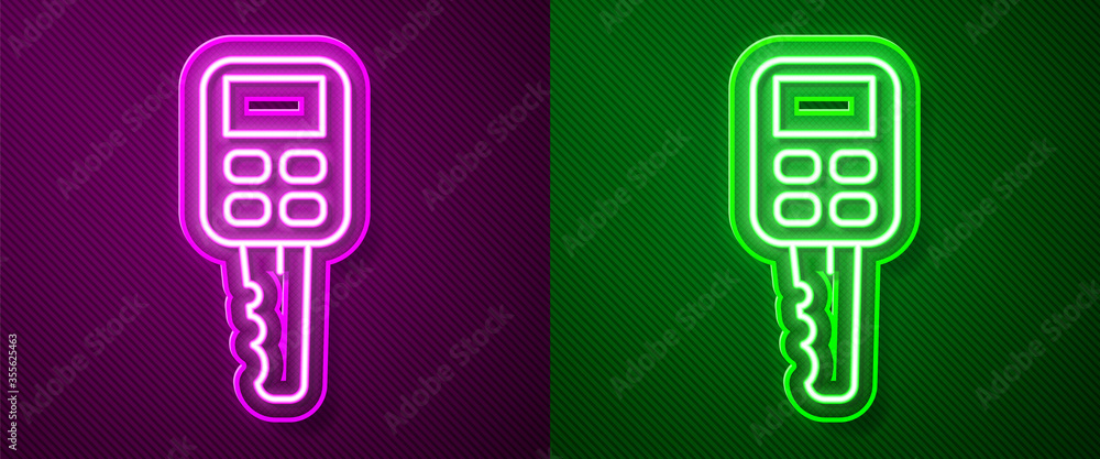 Glowing neon line Car key with remote icon isolated on purple and green background. Car key and alarm system. Vector Illustration. Glowing neon line Car key with remote icon isolated on purple and green background. Car key and alarm system. Vector Illustration.