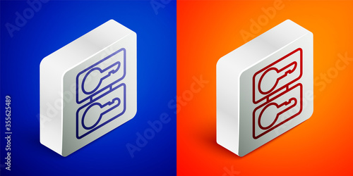 Isometric line Metal mold plates for casting keys icon isolated on blue and orange background. Set for mass production and forgery of the keys. Silver square button. Vector Illustration.