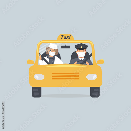 Taxi driver and woman doctor in protective medical masks sitting in front seat in cab seen through windshield.Lady physician using taxicab services during virus epidemic. Colourful vector illustration
