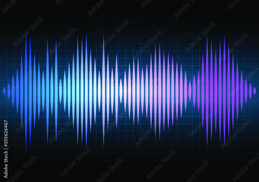 Frequency of the blue and purple sound wave on a black background with grid. Neon. Music waves. Stock vector illustration.