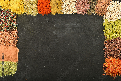 Different kinds of colorful spices decorated with blank copy space.
