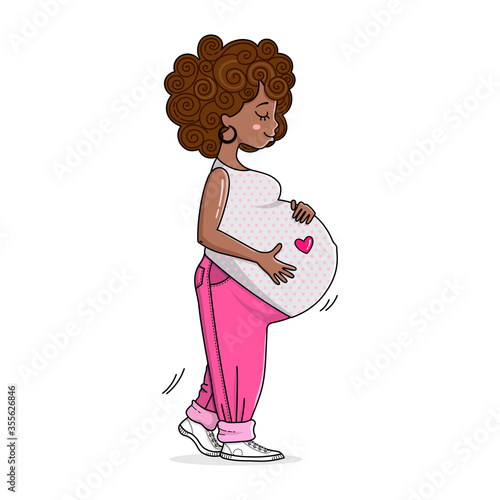 Beautiful African pregnant woman on the walk. Happy mother to be. Cute big pregnant belly. Fashion and style for pregnant women. Pregnancy illustration for card and print.