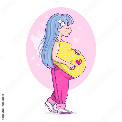 Beautiful pregnant woman on the walk. Happy mother to be like an angel. Cute big pregnant belly. Pregnancy illustration for card and print.