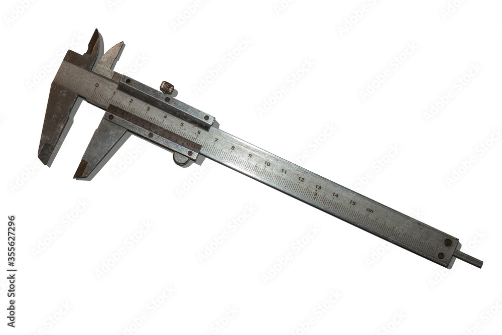 A metal caliper device, on a white background A metal caliper device, on a white background