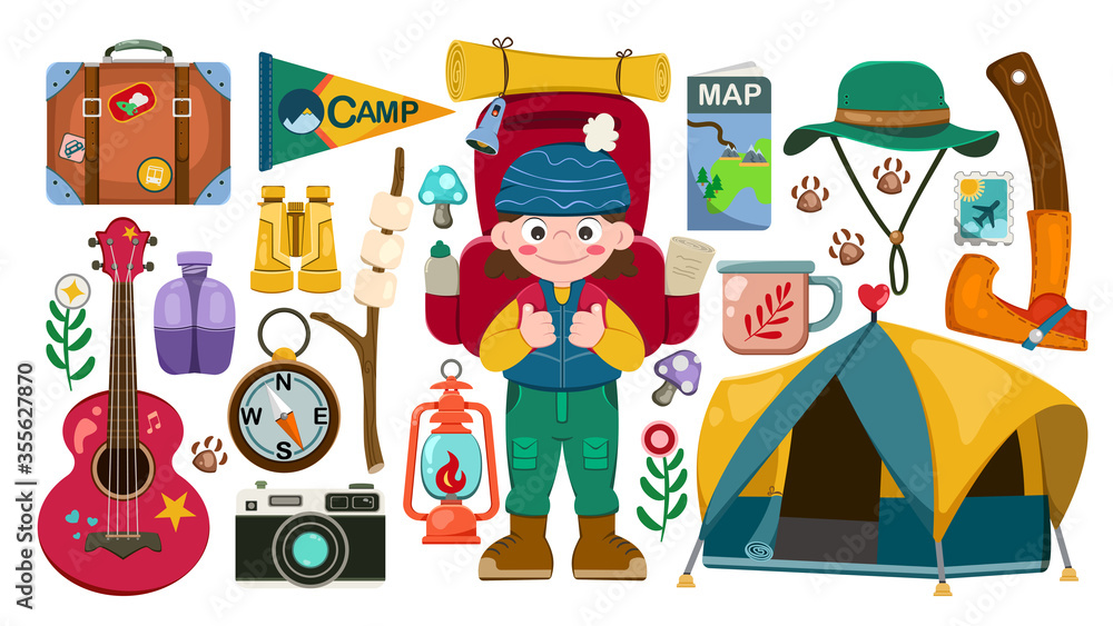 tourist tent collection.Character camping tourists. Summer background with camping equipment flat icons.