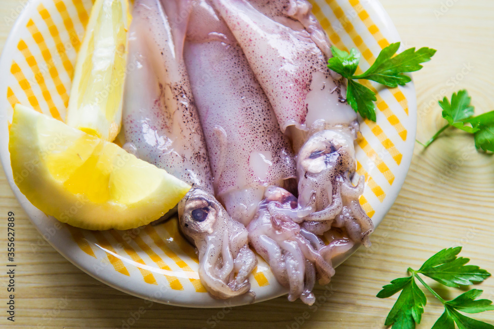 seafood, squid or cuttlefish on the white plate with parsley and lemon