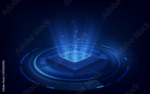 Abstract technology chip processor background circuit board and html code,3D illustration blue technology background vector.