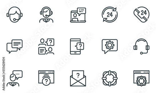 Help, Support and Contact Vector Flat Line Icons Set. Phone Assistant, Online Help, Video Chat. Editable Stroke. 48x48 Pixel Perfect.