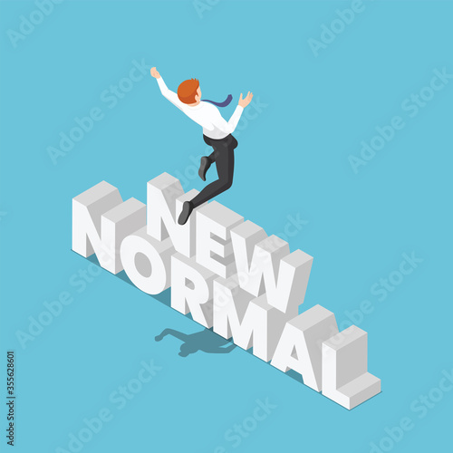 Isometric Businessman Jumping Over The New Normal Text