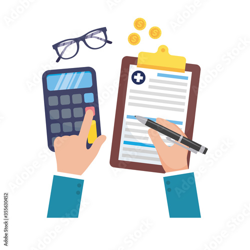 Hands holding medical history and calculator vector design