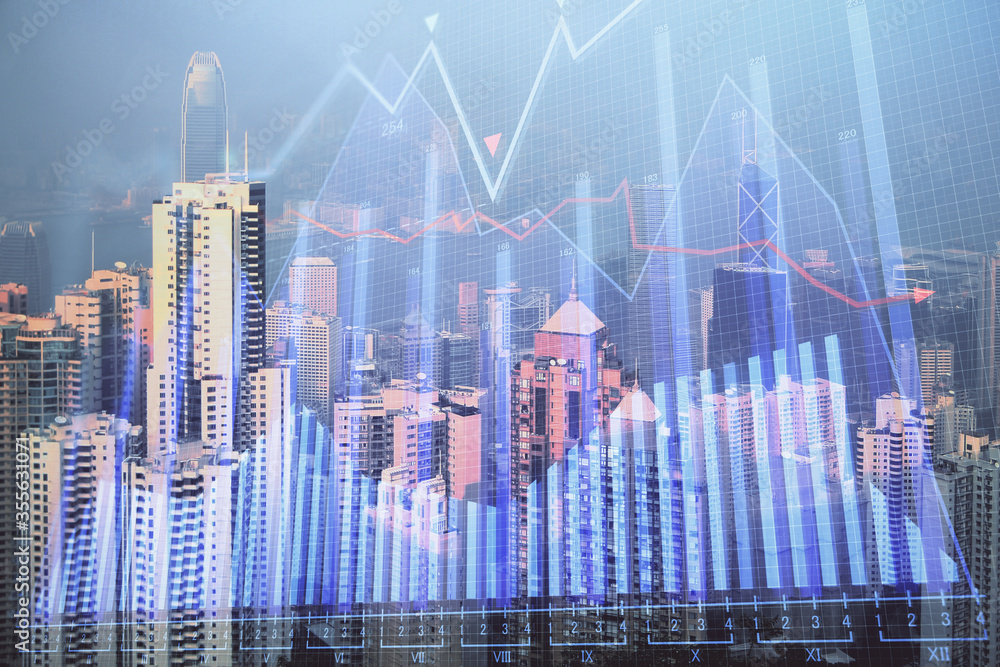 Forex chart on cityscape with skyscrapers wallpaper double exposure. Financial research concept. Forex chart on cityscape with skyscrapers wallpaper double exposure. Financial research concept.