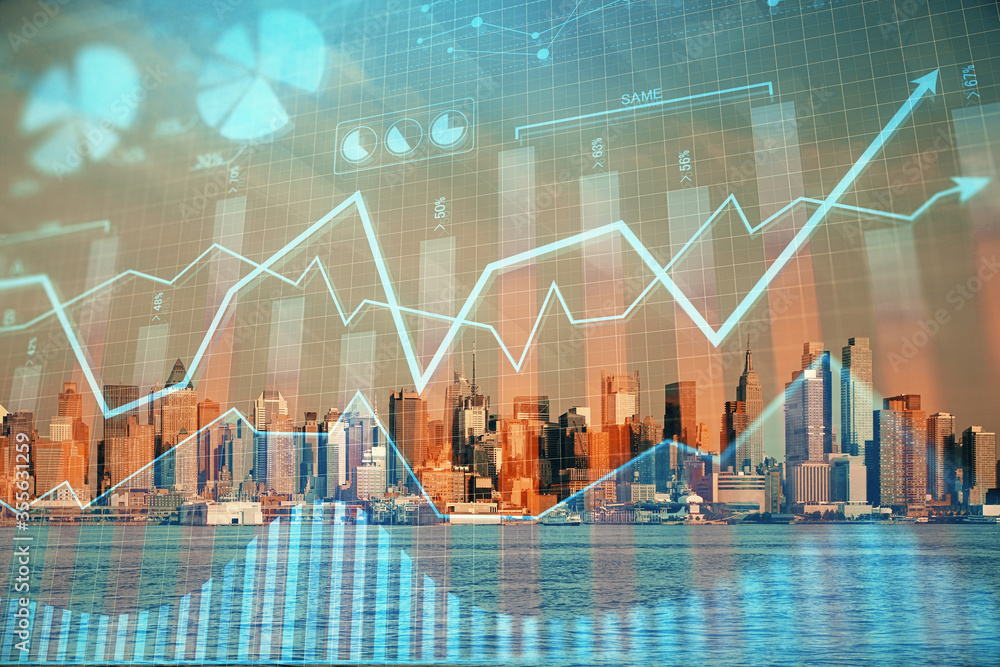 Forex chart on cityscape with skyscrapers wallpaper double exposure. Financial research concept. Forex chart on cityscape with skyscrapers wallpaper double exposure. Financial research concept.