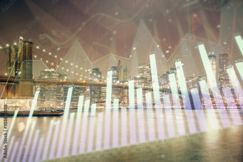 Financial chart on city scape with tall buildings background multi exposure. Analysis concept. Financial chart on city scape with tall buildings background multi exposure. Analysis concept.