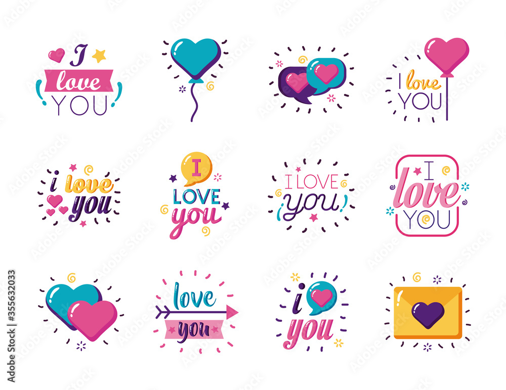I love you texts flat style icon set vector design I love you texts flat style icon set vector design