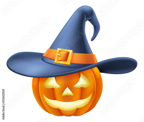 A pumpkin Halloween carved jack o lantern wearing a witchs hat cartoon