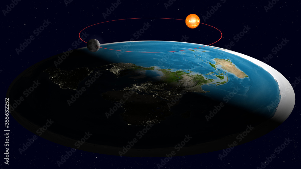 Flat Earth 3D Model. Side view without clouds layer. Stars in the background. Day and Night. Ancient geocentric concept of universe. Europe and Africa in front. Satellite Map. Illustration Stock Adobe