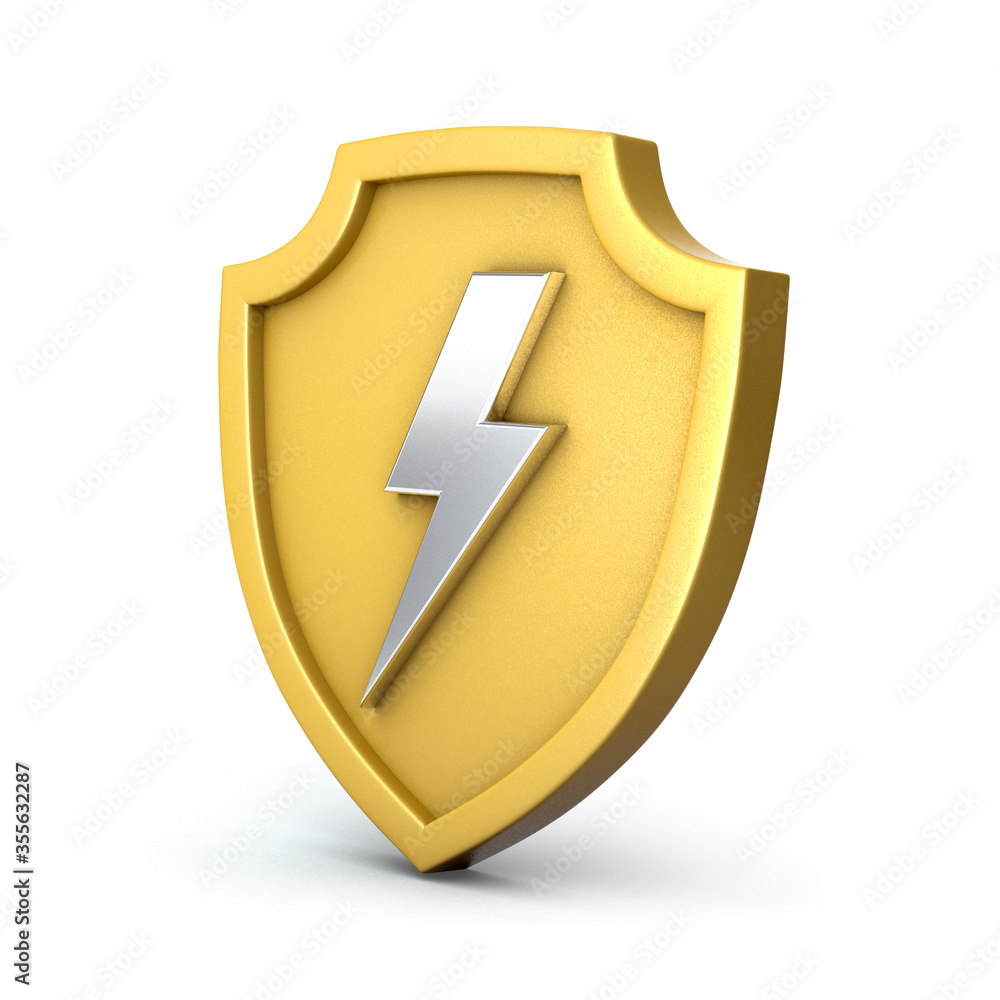 Golden shield with silver thunderbolt on white background. Golden shield with lightning right view. Golden shield with silver thunderbolt on white background. Golden shield with lightning right view.
