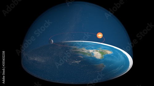 Flat Earth 3D Model with a layer of stars at the glass dome. Ancient, geocentric concept of universe. America in front. Satellite Map.  photo
