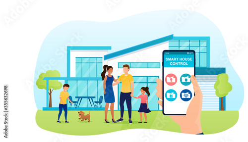 Young beautiful family standing in front of a smart house. Married couple with kids buy the house of their dreams. Technological new house for the family. Perfect for web, banner or advertising Vector