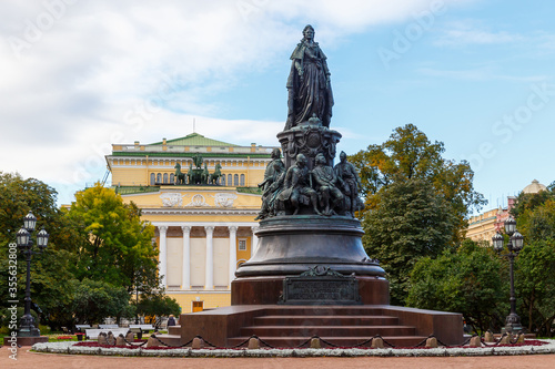 Monument to Catherine the Second in St. Petersburg. View of the Alexandrinsky Theater.