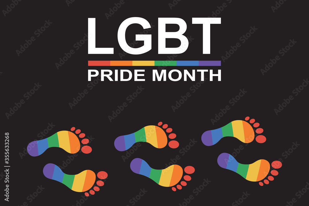 Step bare feet footprint colored in rainbow six color and text LGBT pride month on black background. Copy space for design or text. LGBT and pride celebration concept. Flat vector illustration Step bare feet footprint colored in rainbow six color and text LGBT pride month on black background. Copy space for design or text. LGBT and pride celebration concept. Flat vector illustration