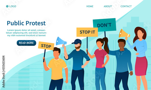 Protest concept. Group of people different races on the street with banners. The fight for human rights. Workers' strike. Activists against injustice. Perfect for landing page, banner, web. Vector