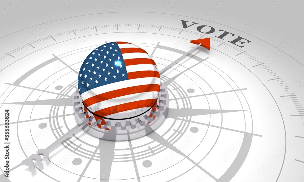 Voting concept. 3D rendering. Abstract compass points to the vote word. Flag of the USA
