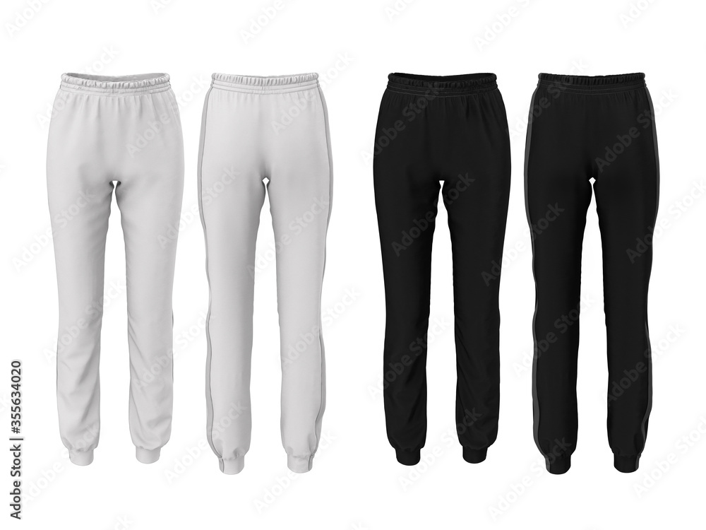 Women's fashion sweatpants in white and black color isolated on white  background. Front and back view. Template, mockup. Sports uniform. 3D  illustration of pants with realistic fabric texture. Stock Illustration