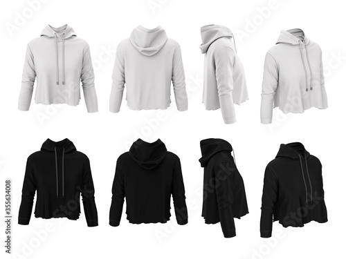 Women's sweatshirt. Front, back, side. Hooded cropped top with long sleeve, pullover, gumper. Template, mockup white and black colors. Sports uniform. 3D illustration isolated on a white background.