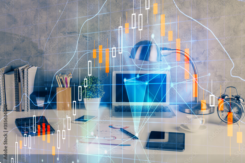 Double exposure of forex graph and work space with computer. Concept of international online trading.