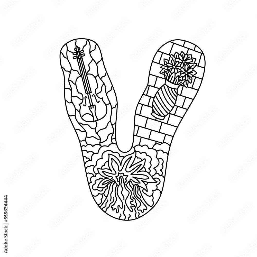 Alphabet. Letter V. Coloring. Cute objects isolated on a white background: volcano, violin, vase. Doodle style. Vector illustration. Alphabet. Letter V. Coloring. Cute objects isolated on a white background: volcano, violin, vase. Doodle style. Vector illustration.