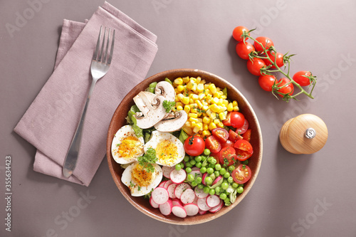 buddha bowl- vegetable salad with egg, mushroom, corn and tomato