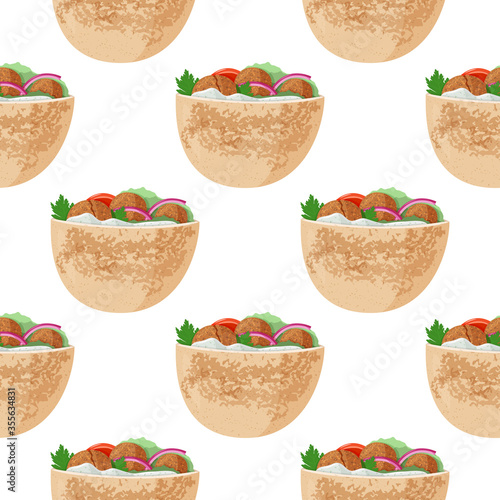 Traditional dish of Jewish cuisine Falafel pita sandwich. Vegetarian food. Meal background. Seamless pattern.