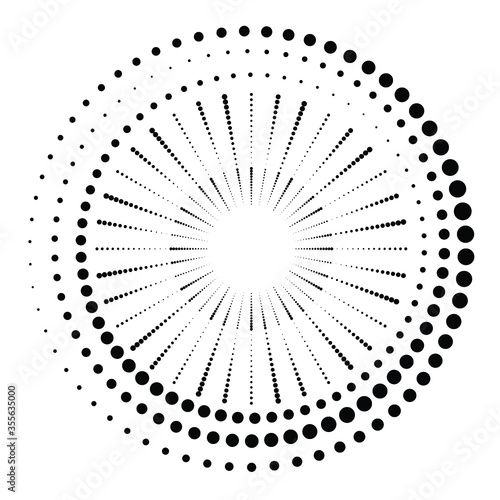 Radial halftone dots in Circle Form for comic books . fireworks Explosion background . Vector Illustration . Starburst round Logo . Circular Design element . Abstract Geometric star rays . Sunburst .