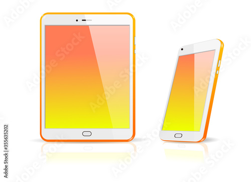 オレンジ色のリアルなスマホとタブレット　グラデーションの壁紙