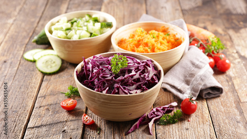 assorted of vegetable salad, carrot, cucumber and red cabbage