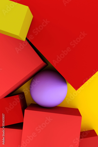 Red cubes and a lilac ball on a yellow background. Cover for booklet. 