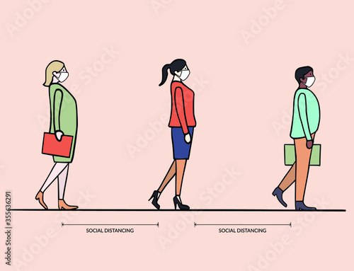 Social distancing at office workplace and public area. People wearing face mask maintain distance when walk and line queue. Safety awareness of covid-19 coronavirus vector illustration