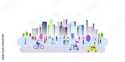 A group of people in the city park. People in various gestures, such as standing, walking, talking with mobile phone. Website header or banner design. Vector illustration.
