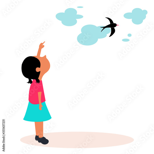 The alone cute girl wearing pink shirt and light blue skirt is standing and pointing fingernail to bird and cloud in the sky ,in the bright sky day. Vector illustration design concept for children.