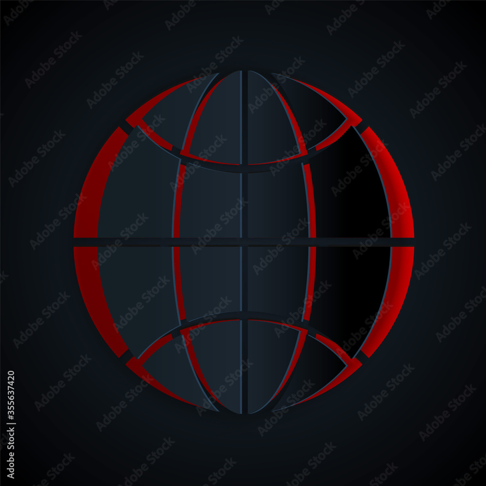 Fototapeta Paper cut Worldwide icon isolated on black background. Pin on globe. Paper art style. Vector Illustration.